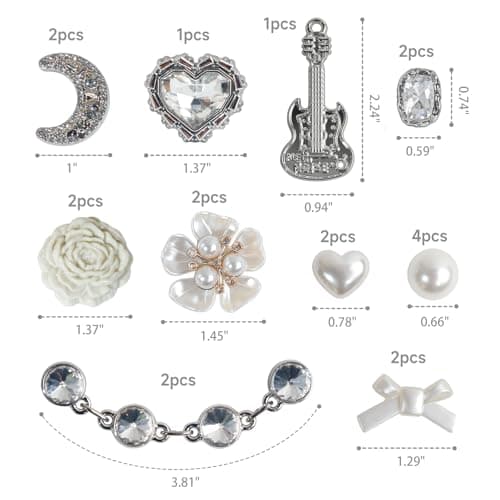 Wenobby 20 Pcs Bling Shoe Decoration Charms for Women Girls, Silver Rhinestone Pearl Gem Bow Heart Flower Guitar Moon Decoration with 2 Diamond Chains Luxury Accessories for Clog Sandals Party Gift - Thumbnail 2