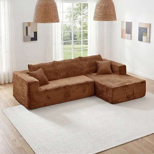 92.5" Modular Sectional Sofa, L-Shaped Cloud Couch with Deep Seats & Chaise, Convertible 4-in-1 Corduroy Boneless Couches for Living Room, Bedroom, No Need Assembly - Brown - Thumbnail 3