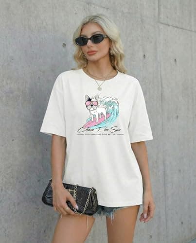 Aiyino Womens Funny Dog Graphic Tee Oversized Cute Dog Art Shirt for Pet Lovers Casual Cotton T-Shirt Gift Top Surf Dog White L - Thumbnail 3