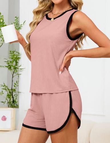 JUSTFASHIONNOW Women's 2-Piece Contrast Trim Pajama Set - Casual Tank Top & Shorts, Soft Ribbed Loungewear(Dusty Pink Medium) - Thumbnail 4