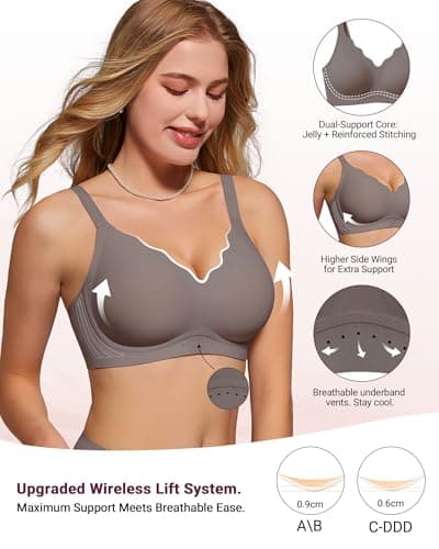 As Fairy Wireless Bras for Women No Underwire Full Coverage Jelly Lift Strong Support Push Up Scalloped Everyday Tshirt Bra Seamless Soft Daily Wear Breathable Air Hole Design(Grey 32A) - Thumbnail 2