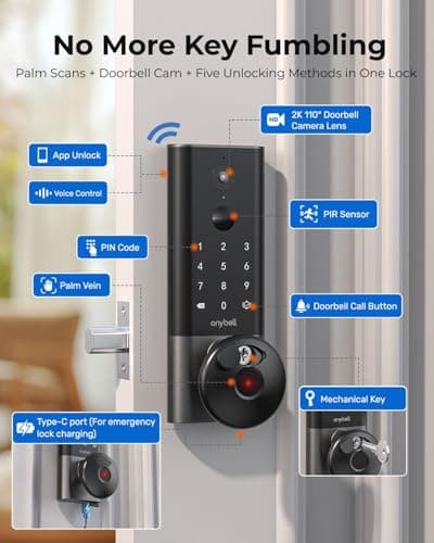 ANYBELL Palm Vein Smart Door Lock, Keyless Entry Door Lock with Camera, Wi-Fi Deadbolt for Front Door, Auto Lock, App Remote Control, Home Secuirty - Thumbnail 5