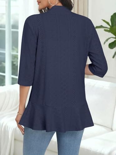 Askyes Women's Open Front Cardigan Plus Size 2026 Summer 3/4 Sleeve Draped Ruffles Eyelet Knit Beach Cardigan,Deep Blue,2XL - Thumbnail 3