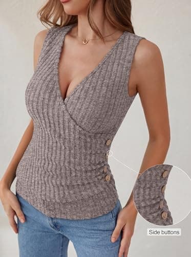 ANRABESS Tank Tops for Women V Neck Sleeveless Sexy Top Ribbed Slim Fitted Tanks, 2026 Casual Summer Daily Wear & Going Out Deep Coffee Large - Thumbnail 4