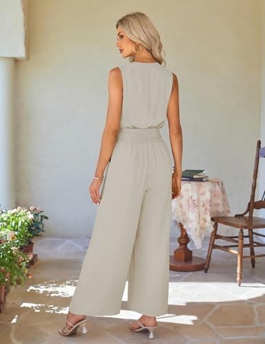 LOOKBOHO Women Spring Jumpsuits Dressy Casual One Piece Outfits Sleeveless V Neck Wide Leg Pants Elegant Rompers(AT,XXL) - Thumbnail 3