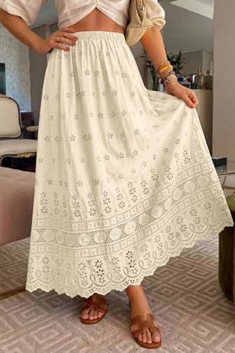 dowerme Women Summer Maxi Skirt Cute Elastic High Waist Boho Eyelet A-Line Cotton Flowy Long Skirts Spring Clothes 2026(Beige,Medium) - Thumbnail 4