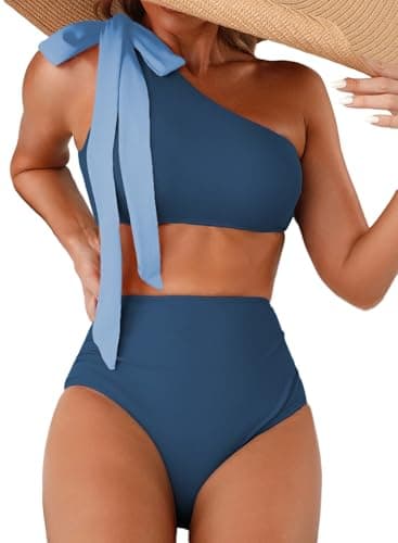 Herseas Women's Asymmetric Bikini Set High Leg Tankini Swimsuit 2026 Summer High Rise Girls Ruched Bathing Suit Long Torso Blue Slimming Beach Vacation Outfits Medium - Image 1