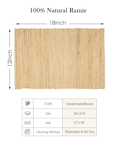 Handwoven Natural Fiber Placemats Set of 6, 12”x18” Woven Table Mats for Dining Table, Heat-Resistant & Washable, Farmhouse, Boho & Neutral Home Decor - Thumbnail 4