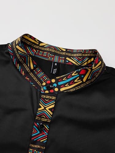 ZAFUL Men's African Patchwork Design Slim Fit 2025 Long Sleeve Button Down Mandarin Collar Shirts (Black Tribal Graphic L) - Thumbnail 3