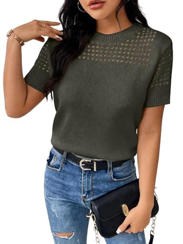 RICHSTORY Summer Sweaters for Women Casual Crew Neck Short Sleeve Shirts Cute Hollow Out Knit Pullover Sweater Tops Trendy Fall Fashion Clothes Army Green X-Large - Image 1