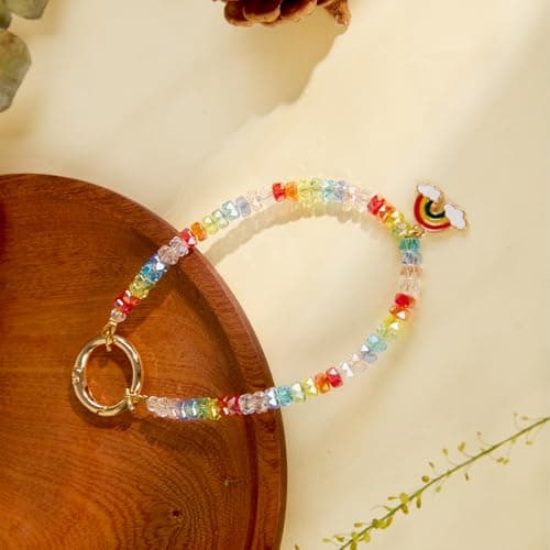 Aquilumen Crystal Phone Wrist Strap Phone Charm Chain Keychain Beaded Cellphone Lanyard with Tether Tab Hands-Free Wristlet Bracelet Wrist Grip Strap for Women, W-Colorful (colorful) - Thumbnail 6