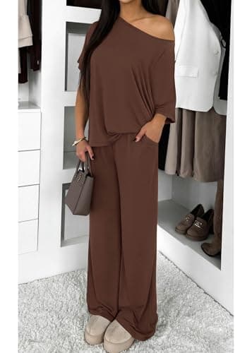 KIRUNDO Lounge Sets for Women Airport Travel Outfit 2026 Summer Off the Shoulder Tops Wide Leg Pants 2 Piece Matching Set(Brown, Large) - Thumbnail 4