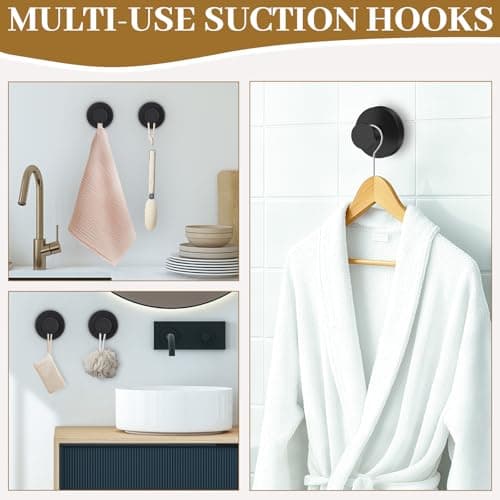 TACGEA Suction Cup Hooks for Shower, Wreath Hangers for Front Doors, Removable Towel Hooks for Bathroom Window Glass, Powerful Vacuum Shower Hook for Towel, Robe, Loofah - 2 Pack, Black - Thumbnail 6