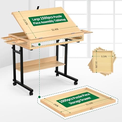 QDKGH Wooden Puzzle Table with Drawers, 1500 Piece Puzzles for Adults & Puzzle Enthusiasts with Adjustable Height & Tilt, Felt Surface, Metal Stand with Lockable Wheels, Puzzle Storage Box and Cover - Thumbnail 3