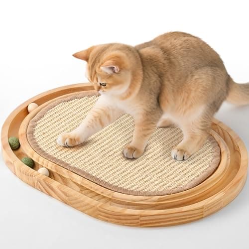 Petjoyi Upgraded Oval Sisal Cat Scratcher with Ball Track - Heavy-Duty Woven Scratching Pad, Interactive Cat Toy with 3 Balls, Extra Durable Wooden Base, 17" L x 13" W x 1.2" H - Image 1