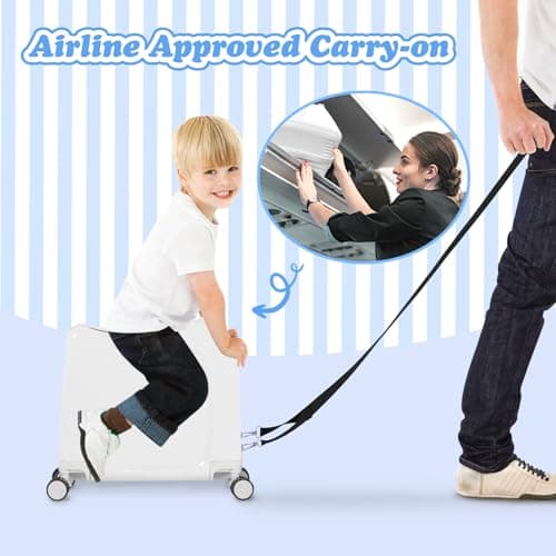 smilesun 20" Ride-On Travel Suitcase for Kids, Cute Ear Toddler Carry on Luggage with Spinner Wheels, Children Rolling Trolly Luggage with Combination Lock (Matte White with Rope) - Thumbnail 2