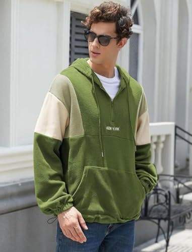 ZAFUL Men's Fluffy Polar Fleece Sweatshirt NEW YORK Embroidery Colorblock Half Zip Unisex Hoodie - Thumbnail 2