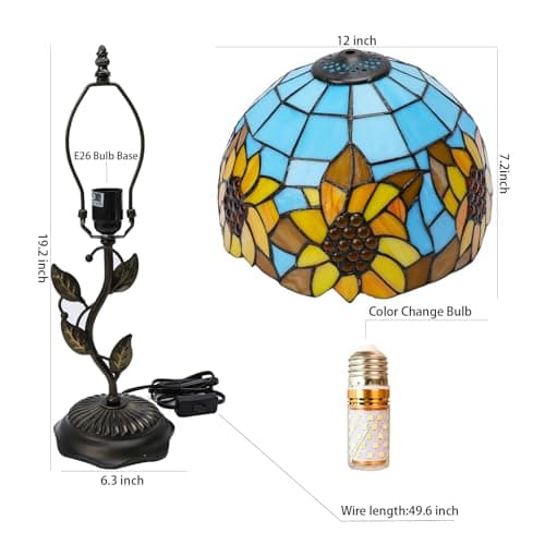 FILIUTF Stained Glass Table Lamp, Adjustable 3 Color Temperature, Sunflower Style Lampshade & Metal Leaf Base Desk Reading Light 12X12X19 Inches Decor for Bedroom Living Room Office - Thumbnail 5