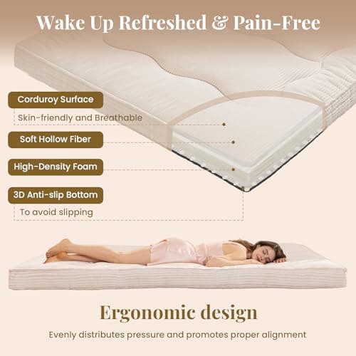 NLDD Futon Mattress Queen Size, 4" Thicken Japanese Futon Mattress Sleeping Pad, Corduroy Foldable Floor Mattress, Roll Up Tatami Mat for Adults Guest Room Bedroom, Beige - Thumbnail 2