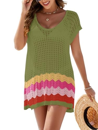 VIAURBE Women's Crochet Cover Ups Swimwear Beach Bikini Swimsuit Cover-ups Striped Side Split Mini Dress Green L - Image 1