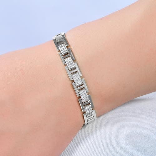TRENDOLLA Mens Stainless Steel Bracelet, 7.5/8 inches Dainty Hiphop Cuban Link Chain Bracelet White Gold and 14K Gold Plating (Style02-White Gold) - Thumbnail 3