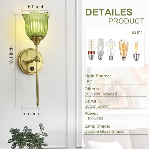 BOXCUPIN Modern Wall Sconces Set of 2 with Green Flower Glass Shade, Mid Century Bathroom Vanity Wall Light Fixtures Gold Vintage Wall Lights with Switch for Mirror Bedroom Living Room - Thumbnail 5