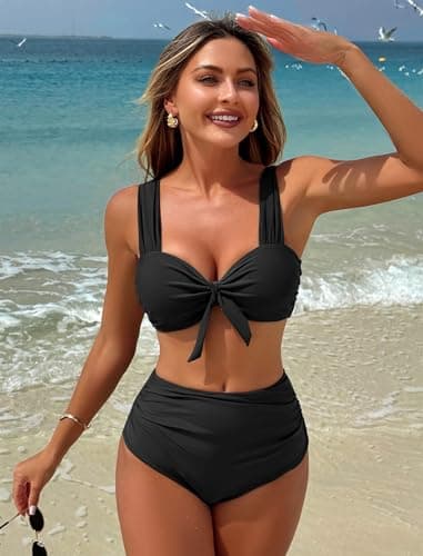 ZAFUL Womens Ruched High Waisted Bikini Set Tie Knot High Rise Two Piece Swimsuits Bathing Suits High Waist Tummy Control Bikini Bottom Black XL - Thumbnail 5