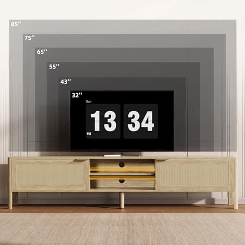 IKALIFE Rattan TV Stand for Living Room - Fits up to 85 Inch TVs, Rattan Media Console Table with Adjustable Shelves & 2 Storage Cabinets, Mid-Century Modern Entertainment Center, Oak 80" - Thumbnail 3