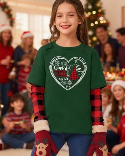 Christmas Shirts for Kids Girls Boys Christmas Tree Graphic Tee Xmas Long Sleeve Stripe Plaid Tops - Thumbnail 2