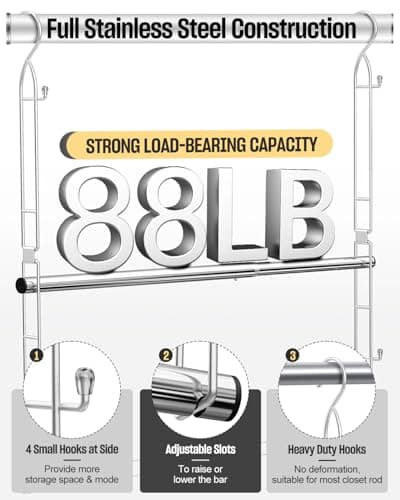 Supforce Hanging Closet Rod Stainless Steel, 2 Pack Adjustable Height & Width Closet Rod Extender, Space-Saving Closet Hanging Storage Organizer，Load up to 88LB - Thumbnail 4