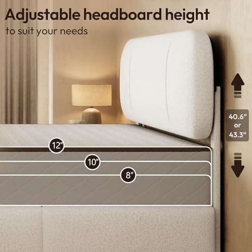 Uteeran Full Size Bed Frame with Storage, Boucle Cloud Bed with 4 Locking Drawers & LED Lights, Modern Upholstered Platform Bed, Plush Sides & Footboard, Adjustable Headboard, No Box Spring, White - Thumbnail 6