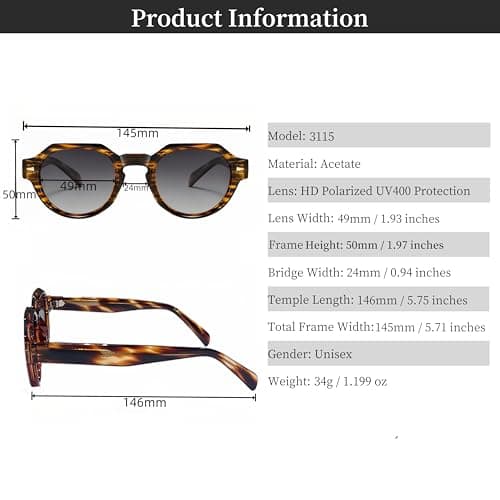 ROCKNIGHT HD Driving Polarized Sunglasses for Mens Retro Round Sunglasses Tortoise Acetate Frame Lightweight Fashion Grey Gradient Sunglasses - Thumbnail 4