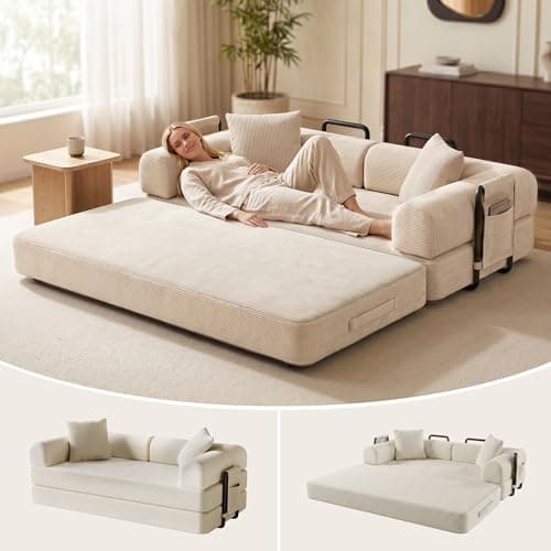 78.8Inch Convertible Sofa Bed, 5-in-1 Futon Sofa Bed Pull Out Couch bed, folding Boneless Couches for Living Room, Corduroy Boneless Couches for Bedroom, Apartment, No Assembly Sleeper Sofa(Off-White) - Image 1
