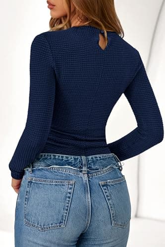PRETTYGARDEN Womens Tops 2026 Spring Long Sleeve Fitted T Shirts Waffle Ruched Crop Shirt Basic Knit Workout Y2k Clothes(Navy Blue,X-Small) - Thumbnail 3
