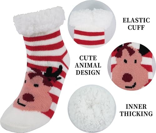 BenSorts Child Christmas Slipper Socks Winter Warm Fleece Lining House Fuzzy Soft Sherpa Cozy Socks Gift Purple Stripe Reindeer 2 Pairs 8 9 10 11 12 Years - Thumbnail 3