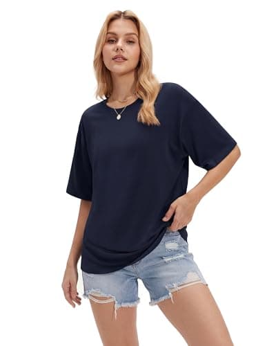 Stelle Women Oversized T Shirts Crew Neck Short Sleeve Shirts Summer Loose Fit Tees Navy Blue X-Large - Thumbnail 4