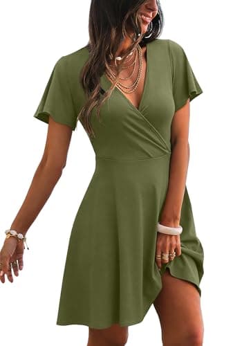 RUMIA Green Dresses for Women 2026 Wrap V Neck Elegant Modest Teacher Work Office Dress Business Casual Plain ArmyGreen S - Image 1