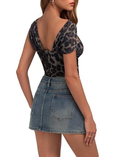 REORIA Womens Sexy Asymmetrical Leopard Print Mesh Ruched Going Out Bodysuits Tank Tops Brown Leopard Pattern Large - Thumbnail 4