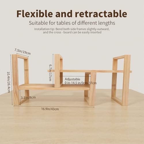 Desk Shelf, 100% Solid Wood Adjustable Desktop Bookshelf, No Tools or Nails Required Retro Tabletop Bookshelf, 130lb Load Capacity for Living Room, Office, for Books, Cookbooks,Nature Pine Color - Thumbnail 2