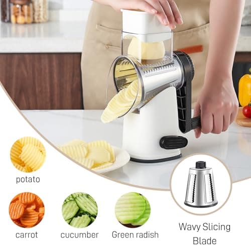 Weltonhm Rotary Cheese Graters with 4 Blades, Hand Crank Cheese Grater with Waffle Slicer, Red, Black and White Cheese Shredder with Suction Base, Easier for Shredding & Grating (White, 4 Graters) - Thumbnail 4