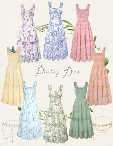 Women's 2026 Summer Floral Boho Dress Square Neck Easter Casual Sundress Apricot M - Thumbnail 6