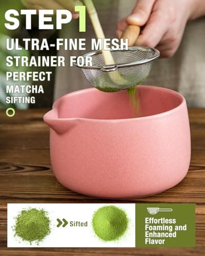 20OZ Matcha Whisk Set - 5PCS Matcha Set Includes Macha Bowl with Spout, Bamboo Whisk with Ceramic Holder, Bamboo Scoop and Sifter, Matcha Kit for Ceremony, Gift for Matcha Lovers (Blush Pink) - Thumbnail 5