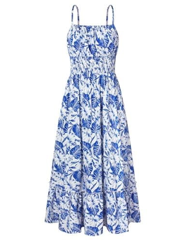 GRACE KARIN Summer Dresses for Women 2026 Vacation,Smocked Floral Maxi Dresses,Boho Beach Long Sundress Blue Leaves XXL - Image 1