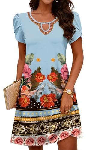 COSSEN Women's Summer Casual Tshirt Dress Blue Trees XX-Large Crew Neck Short Sleeve with Pockets Flowy Loose Sundress - Image 1