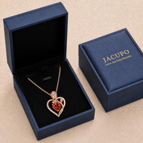 JACUPO Heart Birthstone Rose Gold Necklace for Women(Rose Gold-01/07-Ruby) - Thumbnail 6