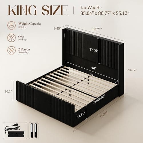 Uteeran King Size Bed Frame with 55.1" Tall Headboard, Velvet Upholstered Platform Bed with Channel Tufted Wingback, 2 Reading Lights/Storage Shelf/Charging Station/Easy Assembly/Noise-Free, Black - Thumbnail 2