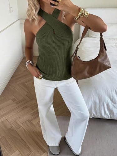 LaGracia Women's Halter Criss Cross Crochet Tops Knit Sleeveless Sweater for Women Tank Trendy Elegant Spring Summer Outfits 2026 ArmyGreen S - Thumbnail 6