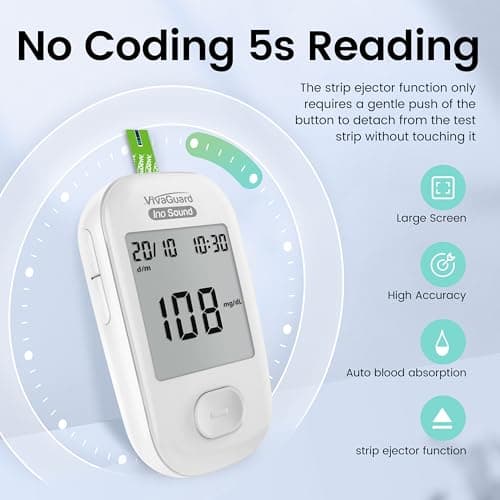 VivaGuard Talking Blood Glucose Monitor Kit, 100 Glucometer Strips & 100 Lancets, 1 Blood Sugar Monitor, 1 Lancing Device, Diabetes Testing Kit for Seniors and Home Use with Travel Case, No Coding - Thumbnail 3