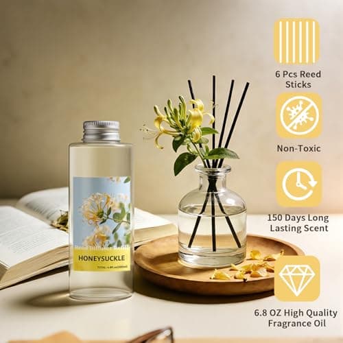STRN Reed Diffuser Oil Refill, Honeysuckle Scented Diffuser Oil Refills with 6 Reed Sticks 200ML(6.8fl.oz), Room Fresheners for Home, Long-Lasting Summer Fragrance for Living Room, Bedroom, Office - Thumbnail 4