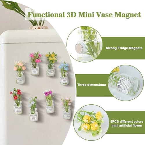 Cute Mini Vase Fridge Magnets,8PCS Funny Luminous Plant Flower Magnets for Fridge,Tiny 3D Plant Pot with Flowers Refrigerator Magnets Decor for Kitchen, Office, Locker,Gifts for Mom Women Men (Medium) - Thumbnail 3